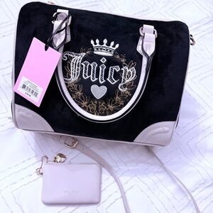 Juicy Couture Velour Heritage Satchel Purse Bag Black Liquorice/Angel NWT